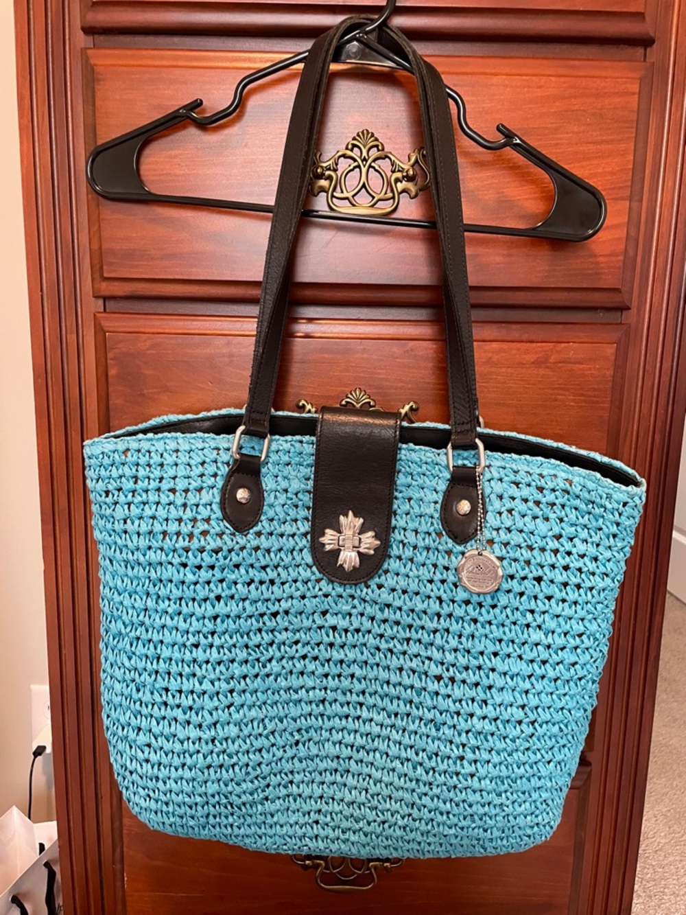 Patricia Nash Turquoise Crochet Tote with Dark Brown Leather Accents